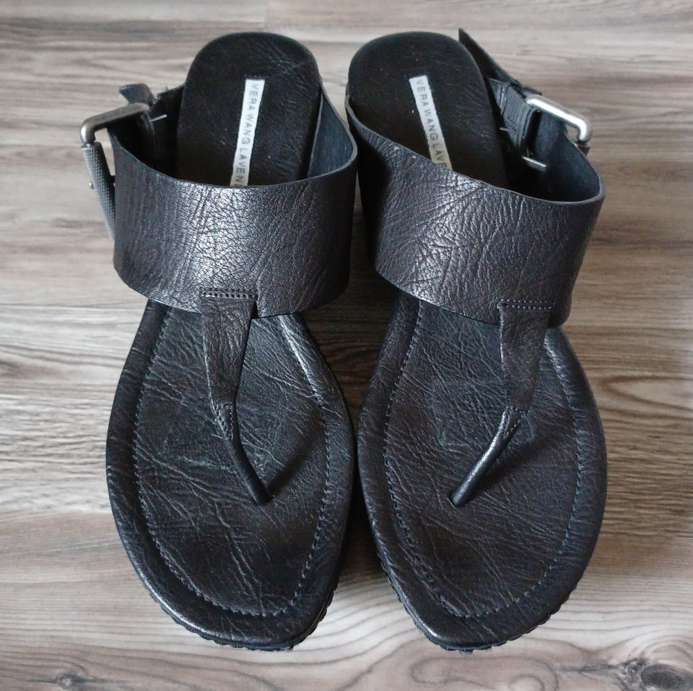 Vera Wang Leather Platform Wedge Thong Sandals 7.5